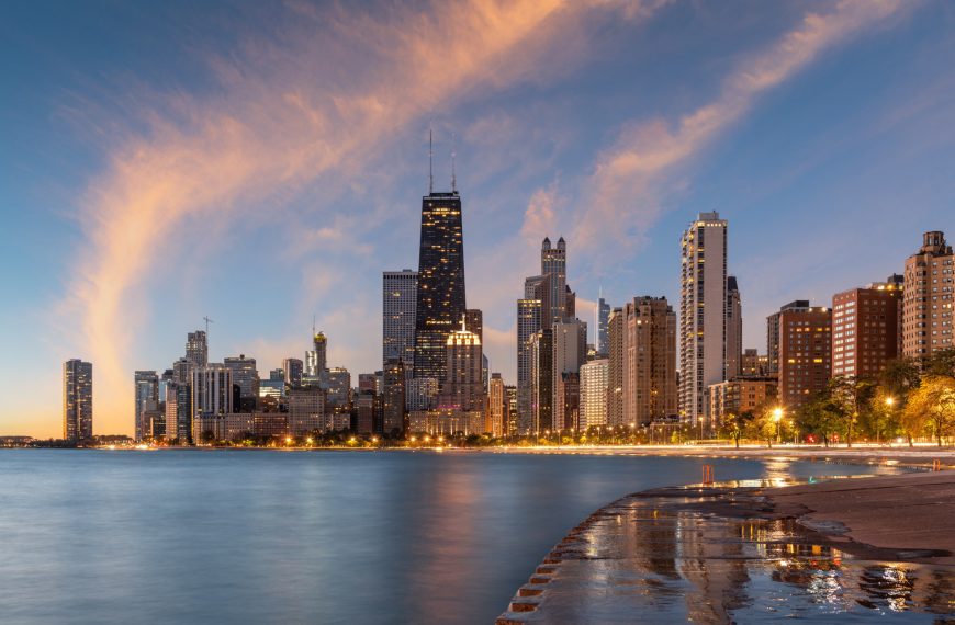 Chicago skyline near Lake Michigan.