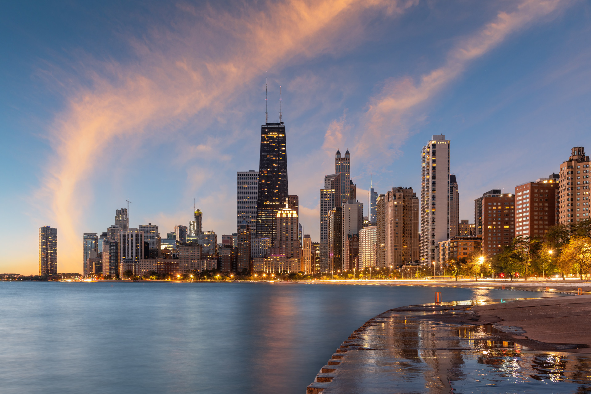 Chicago skyline near Lake Michigan.